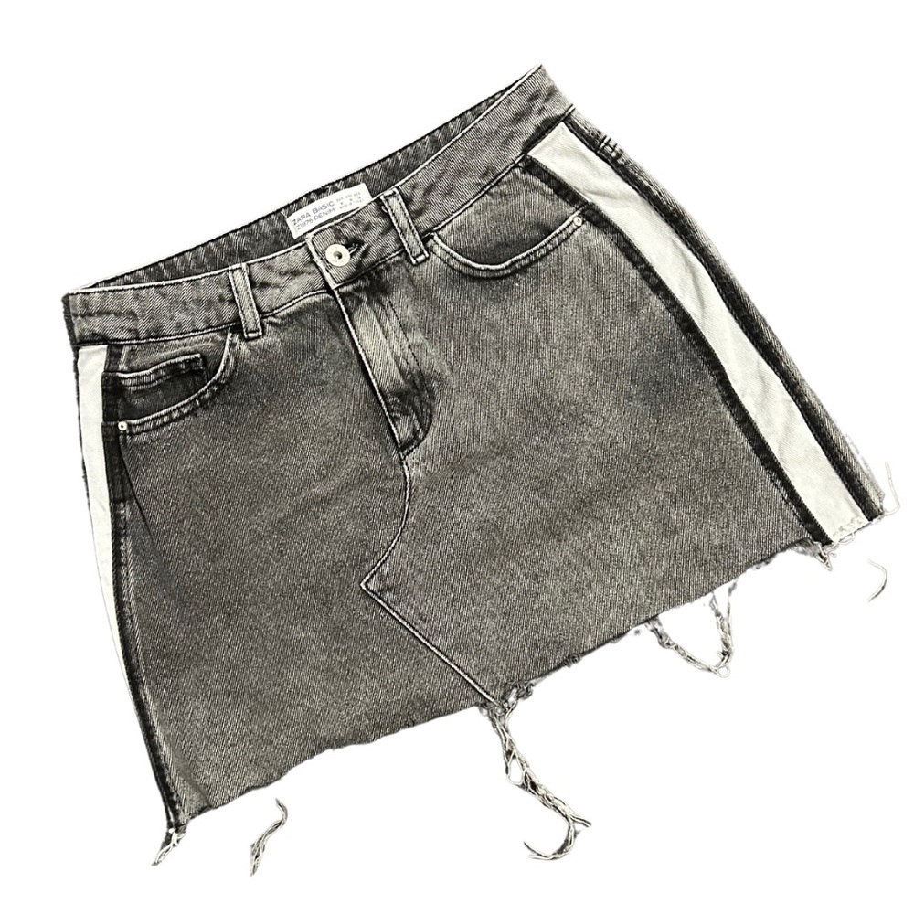 Zara Basic Z1975 Denim Racing Striped Sides Mini Skirt with Raw Hem